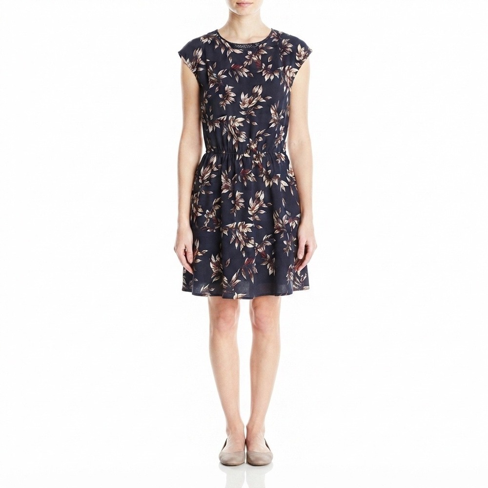 Collective Concepts Dress Womans‎ Navy Blue Leaf Print Cap Sleeve Dress XXL
